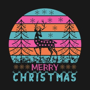 Vintage Merry Christmas with deer, trees and snowflakes, colorful T-Shirt