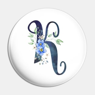 Floral Monogram K Wild Blue Flowers Pin