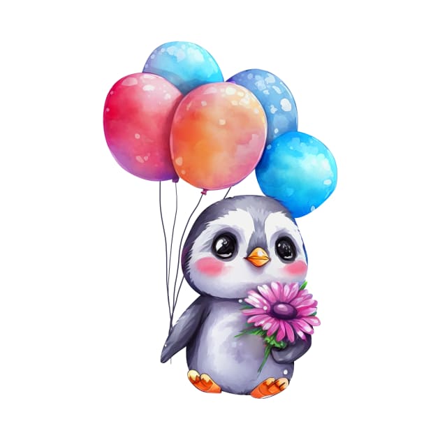 baby penguin holds balloon by abbeheimkatt