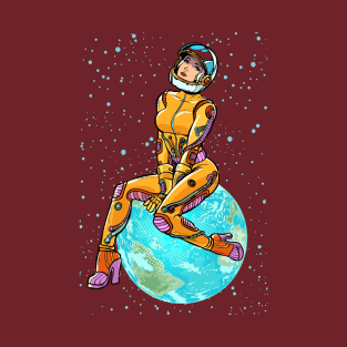 Beautiful astronaut girl on earth T-Shirt