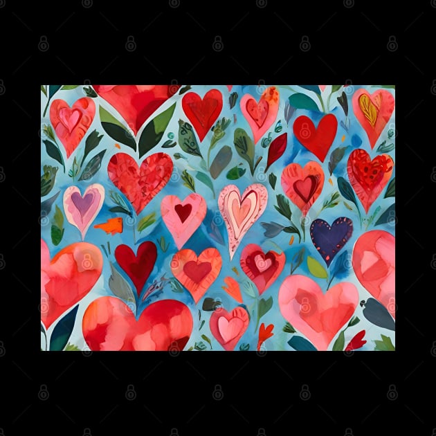 Colorful Watercolor Red And Pink Hearts Pattern by ZAZIZU