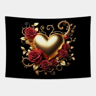 Valentines Day Gold Heart and Red Roses Tapestry