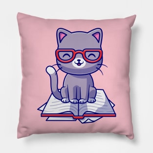 Cute Cat Sitting On Book Cartoon Pillow