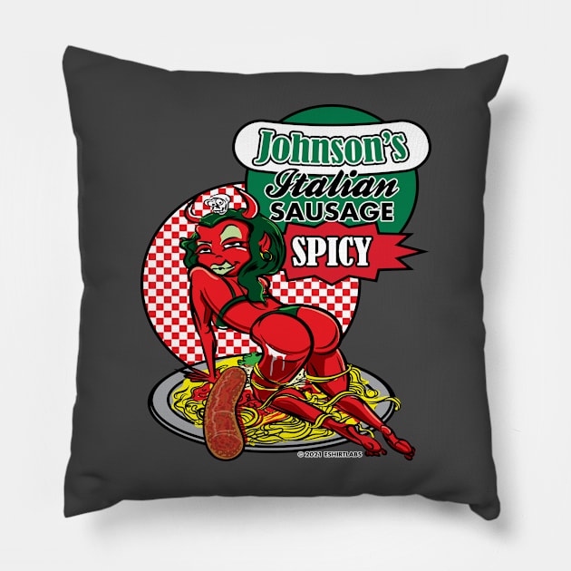 Spicy Italian Sausage Pasta Plate with Seductive Devil Woman Pillow by eShirtLabs