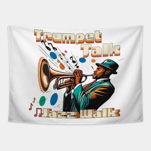 Trumpet Talk, Jazz Walk Musician in 60s Swinging Vibe Tapestry