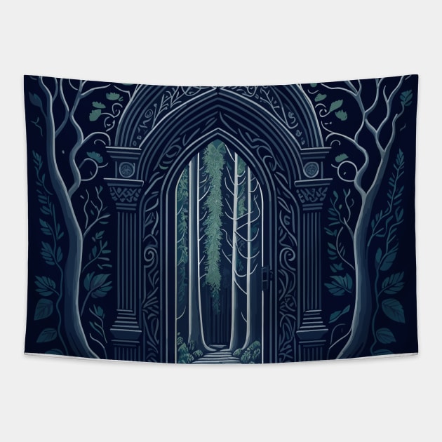 Arched door in a forest with trees. Tapestry by webbygfx