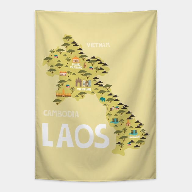 Laos Illustrated Map Tapestry by JunkyDotCom