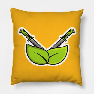Metal Swords In Cross Sign with Herbal Green Leaves Sticker design vector illustration. Holiday object icon concept. Sword leaf nature environment logo icon. Metal swords for game Sticker design. Pillow