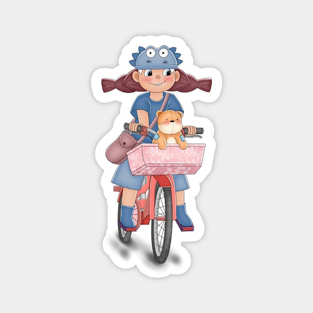 Girl Cycling With Bear Doll Magnet by Athikan