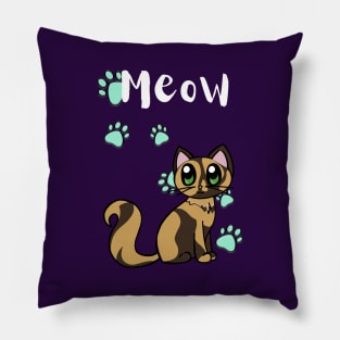 Meow Cute Tortoiseshell Cat With Blue Paw Prints Pillow