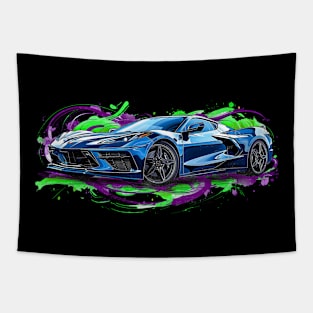 Blue C8 Supercar Racecar Muscle Car Sportscar Green Purple Splash C8 Tapestry