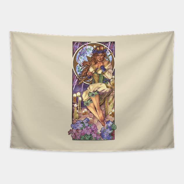 Lady of February Art Nouveau Birthstone and Birth Flower Mucha Inspired Goddess Art with Violets and Candles Tapestry by angelasasser