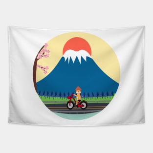 Kawaii Shiba Inu dog riding bicycle near Japanese Mt Fuji Tapestry