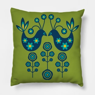 LOVE BIRDS Folk Art Mid-Century Modern Scandi Floral With Birds Flowers Feathers in Dark Blue Turquoise Yellow Green - UnBlink Studio by Jackie Tahara Pillow