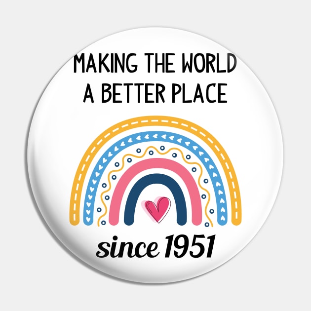 Making The World Better Since 1951 72nd Birthday 72 Years Old Pin by Happy Solstice