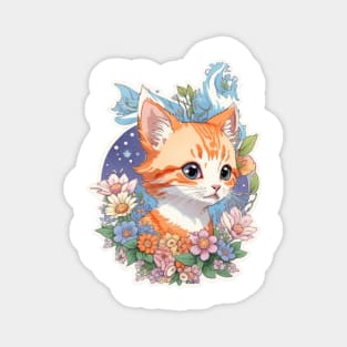 A Print Of Vivid Cute Kitten Cat Head With Fantasy Flowers Magnet