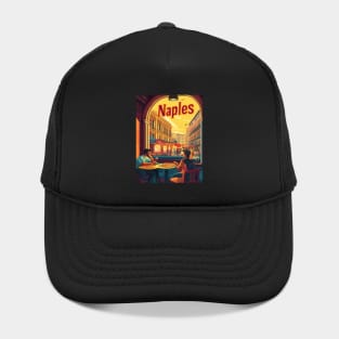 Two people savor delicious pizza at an outdoor cafe in Naples, surrounded by lively streets and beautiful buildings as the sun sets, Hat