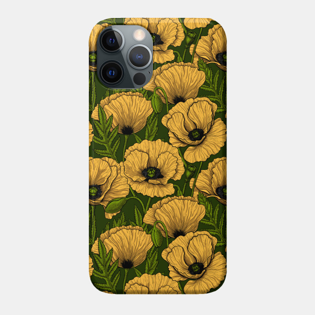 Yellow poppy garden on dark green - Poppies - Phone Case