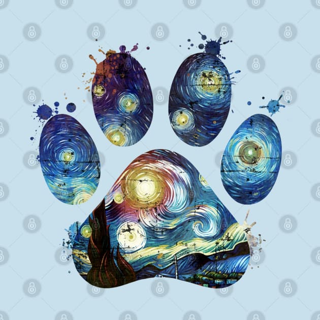 Paw print, van gogh starry night style, pop grunge, pet lovers, animal lovers, famous art, distressed by Collagedream