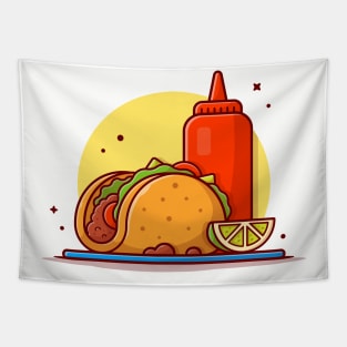 Taco Mexican Food with Lemonade and Ketchup Cartoon Vector Icon Illustration (2) Tapestry