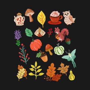 Fall Autumn Pattern Pumpkin, Mushroom, Leaves, Moths, Acorns T-Shirt