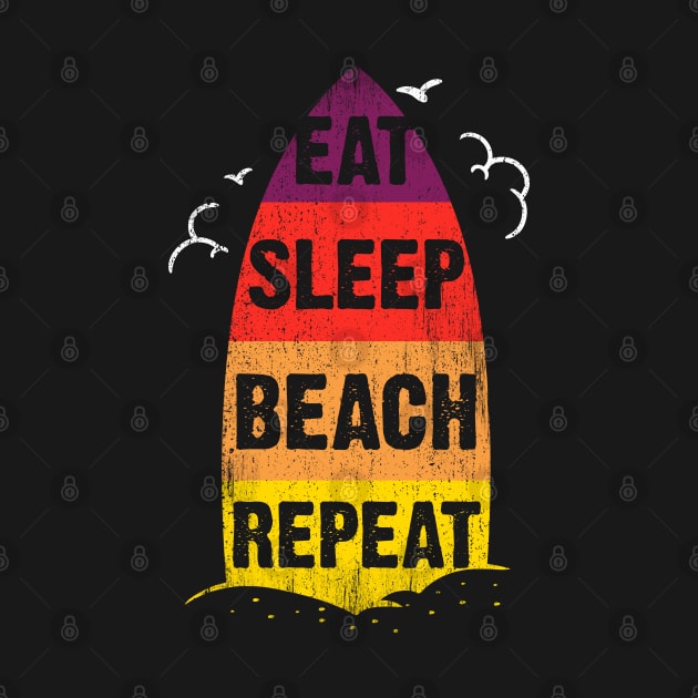 Eat Sleep Beach Repeat retro sunset surfboard by opippi