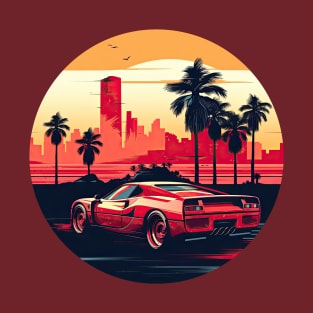 Ferrari inspired car in front of a vintage retro sunset palm trees T-Shirt