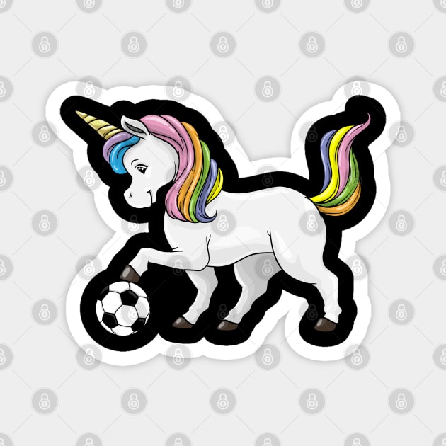 Unicorn as soccer player with soccer ball Magnet by Markus Schnabel
