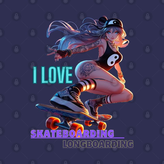 Kawaii, Anime Girl, I Love, Skateboarding & Longboarding by Catsie Cat