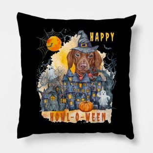 Dachshund Happy Howl-o-ween Ghost Houses Funny Watercolor Pillow