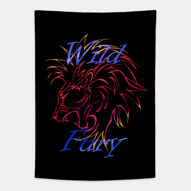 Lion Wild Fury contours red blue Tapestry by Animalistics