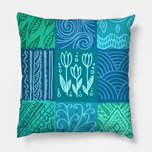 Blue hand drawn patchwork Pillow