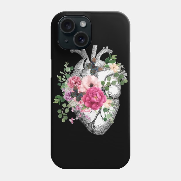 Pink roses and butterflies Floral Heart Human Anatomy Phone Case by Collagedream