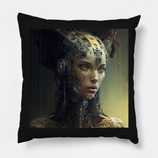 Cyberpunk Sentient AI Female, Green Eyes Pillow