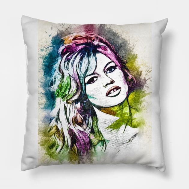 Beautiful Brigitte Bardot Color Portrait Watercolor Fan Art Tribute Pillow by Naumovski