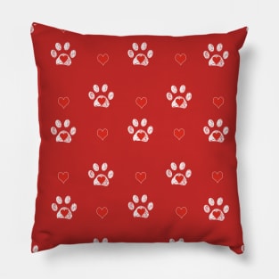 White doodle paw prints red hearts Pillow