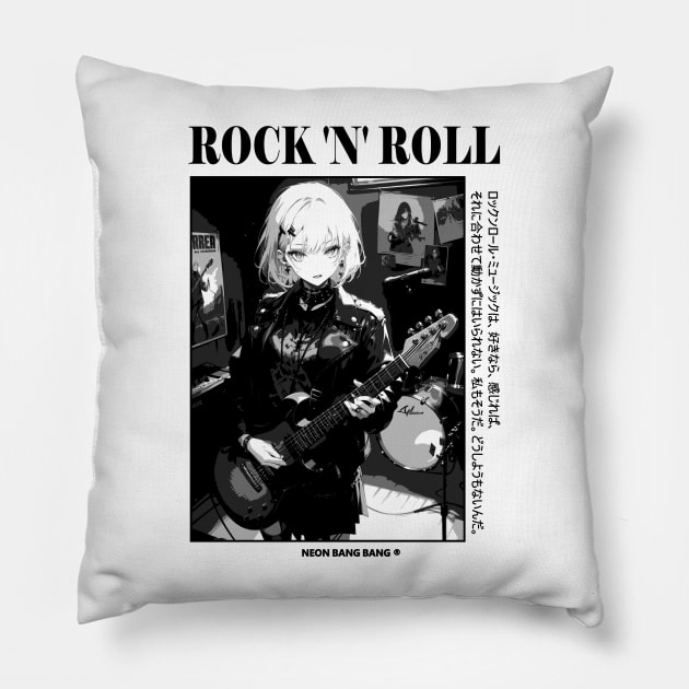 Rock and Roll - Anime Manga Aesthetic Black and White Streetwear Pillow by Neon Bang Bang