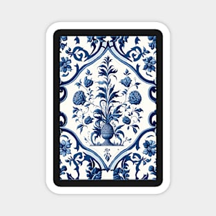 Floral Garden Botanical Print with Delft Blue and White Magnet