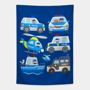 Police Vehicles SWAT Truck Officers Chopper Boat Patrol Cars Tapestry