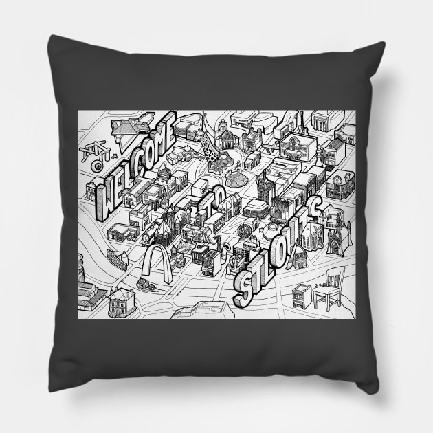 St Louis Arts Illustrated Map (Black Lines) Pillow by illustravery