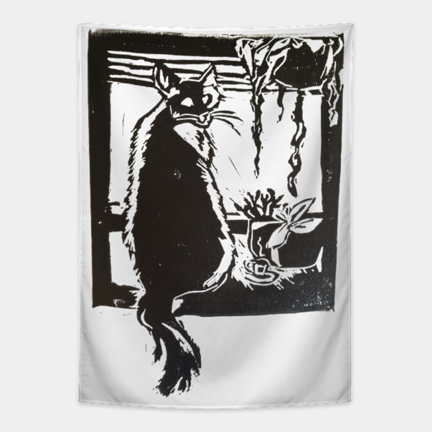 Coffee Cats and Houseplants Lino Tapestry by Animal Surrealism