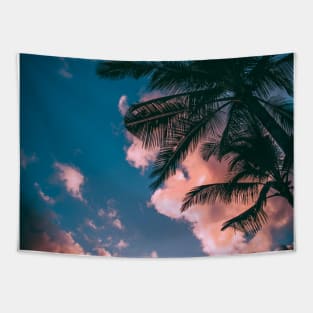 palm tree under pink cloudy sky Tapestry