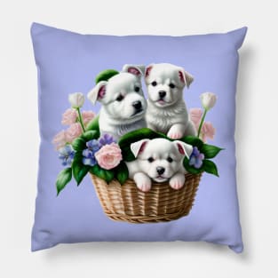 Three Puppies in a Basket Pillow