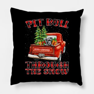 Christmas Pit Bull Through The Snow Dog Santa Truck Tree Pillow