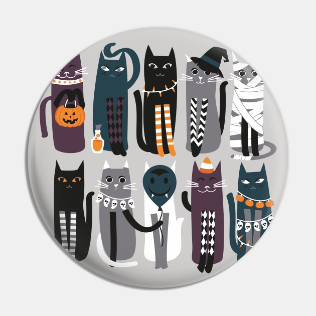 High Gothic Halloween Cats // print // grey background orange grey pine green white and black kittens Pin by SelmaCardoso