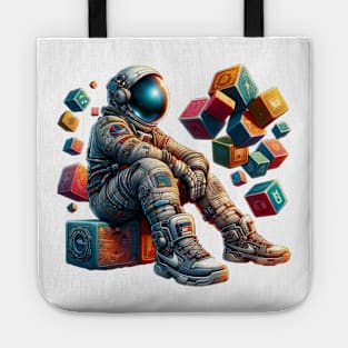 Cosmic Astronaut with Floating Cubes Art Tote