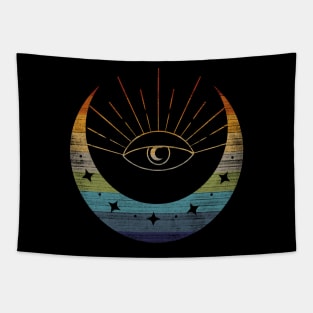 Distressed rainbow eye on the moon Tapestry