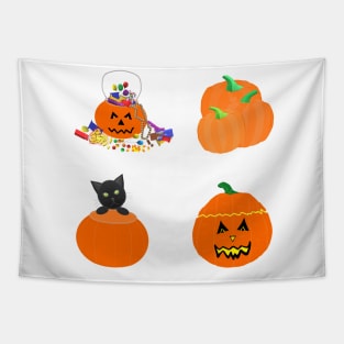 Halloween Pumpkins, Candy and Black Cat (White Background) Tapestry