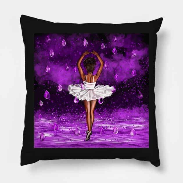 Black ballerina with white tutu dancing in the rain, ballerina among raindrops falling into Water Pillow by Artonmytee