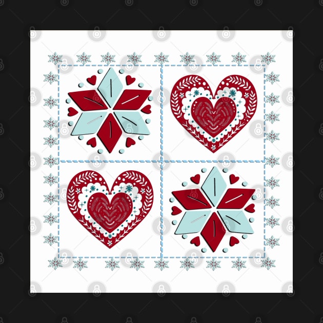 Winter Design Nordic Scandinavian Heart & Star Pattern Snowflake Design Quilt by tamdevo1